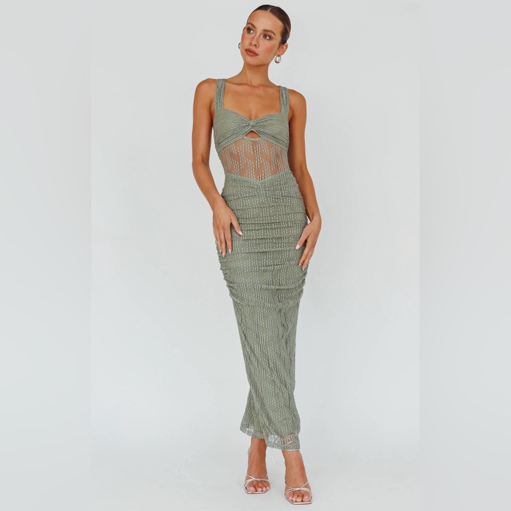 Oliana Embroidered Mesh Midi Dress Fern
